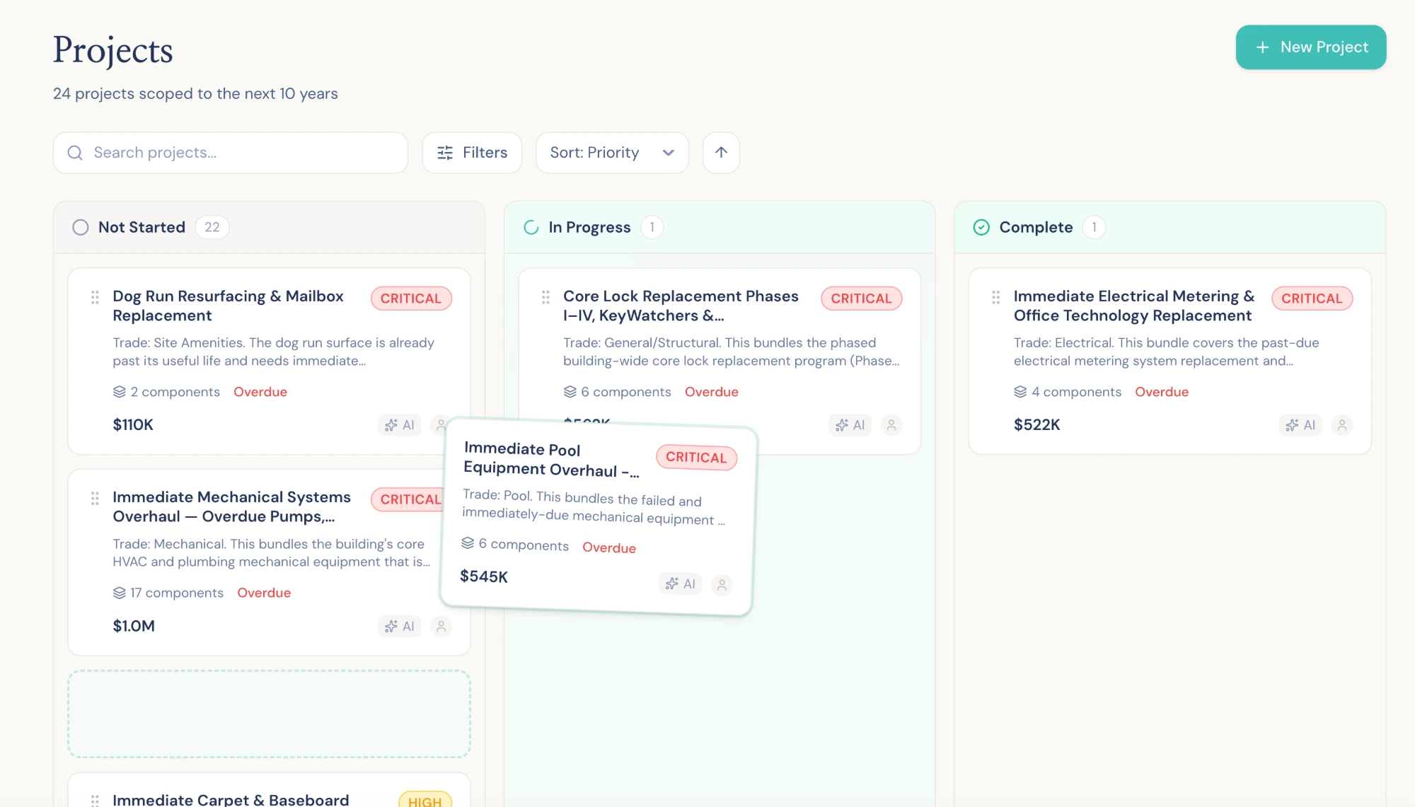 Projects kanban board: a critical pool equipment overhaul card being dragged from not started to in progress